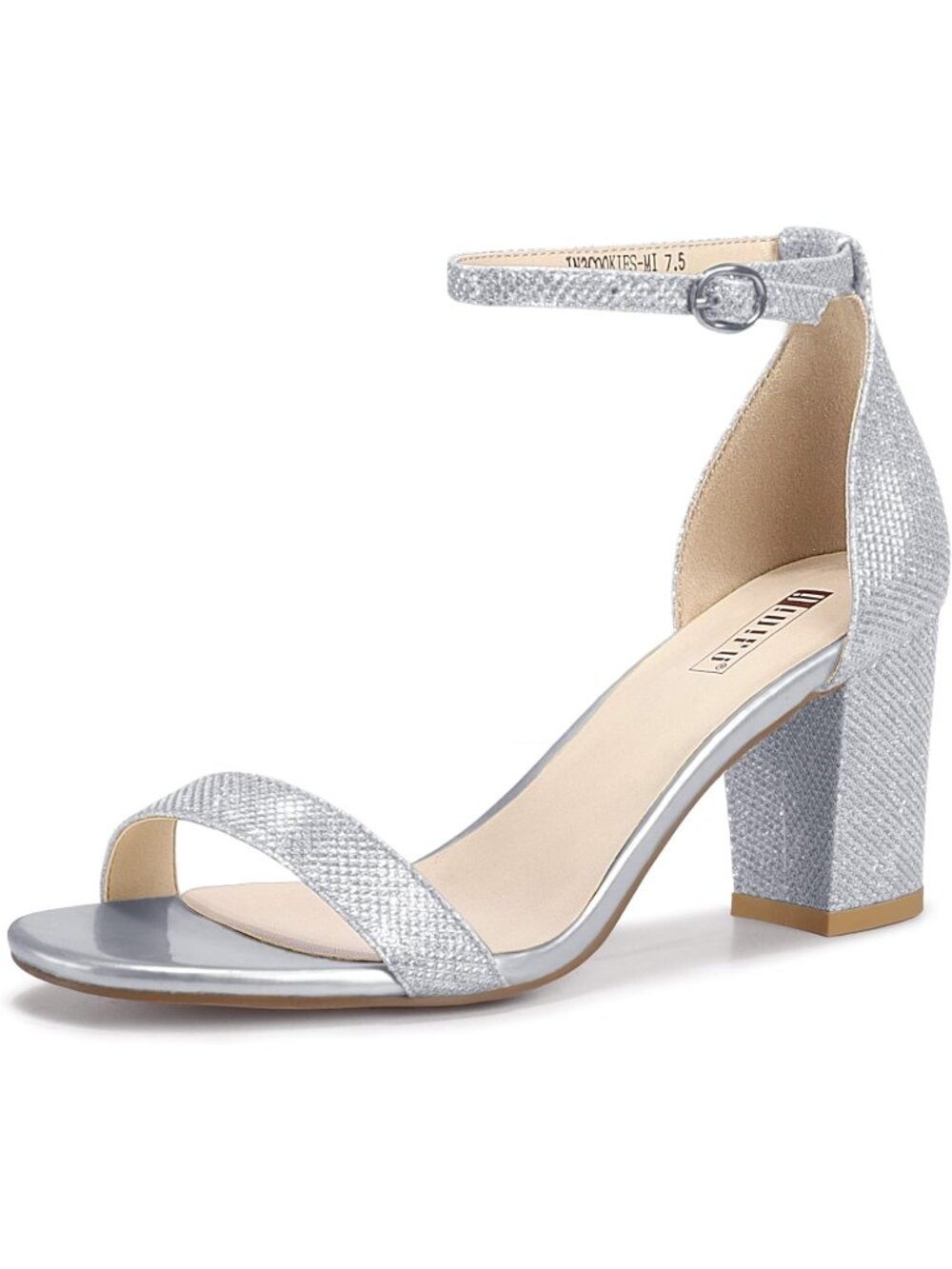 Women's Silver Glitter Adjustable Ankle Strap Open Toe Chunky Short Heel Sandals